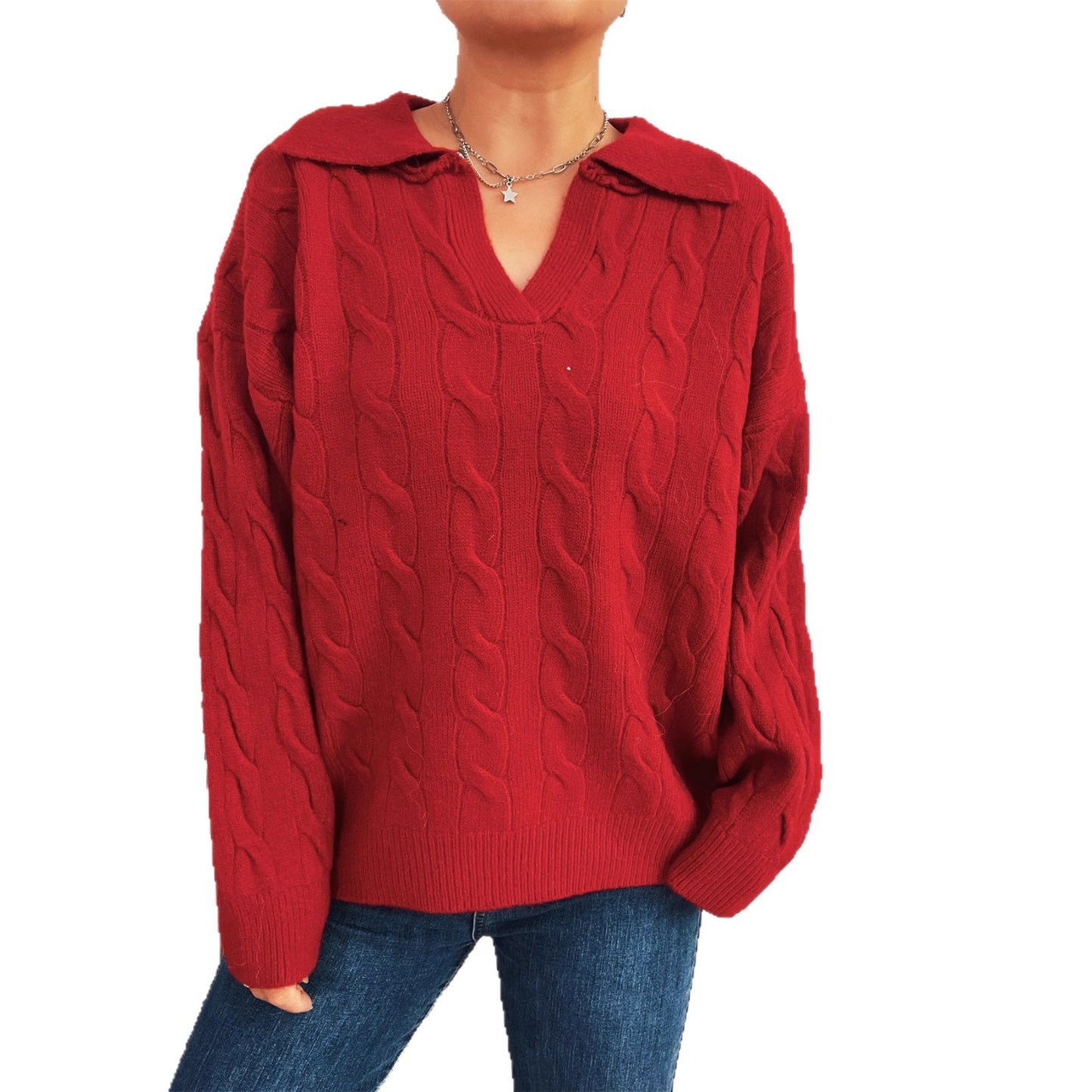 Pull en grosse maille pour femmes avec un design de tresses colorées et un col classique Chic und Stil