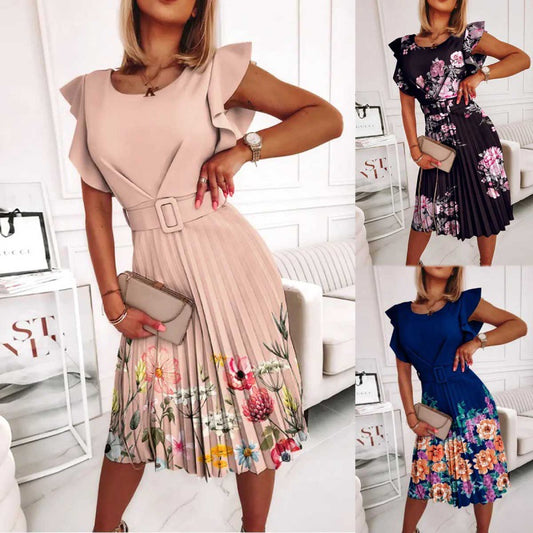 Robe midi femme avec plis et accent floral ainsi que ceinture cintrée Chic und Stil
