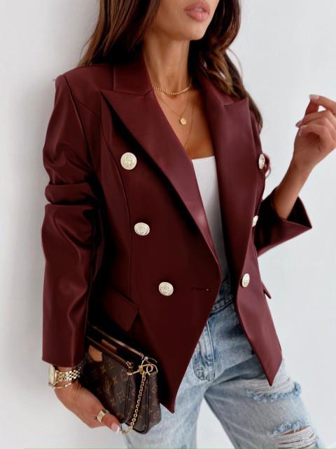 Blazer élégant en simili cuir pour femmes avec double rangée de boutons Chic und Stil