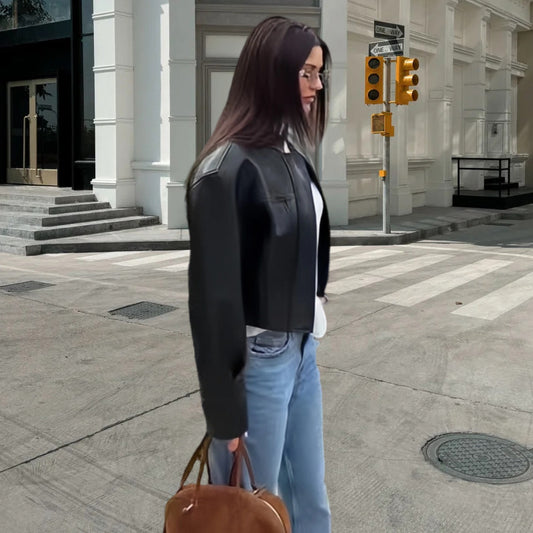 Ladies Elegant Faux Leather Jacket with Modern Stand-Up Collar and Contrasting Stitching Chic and Style