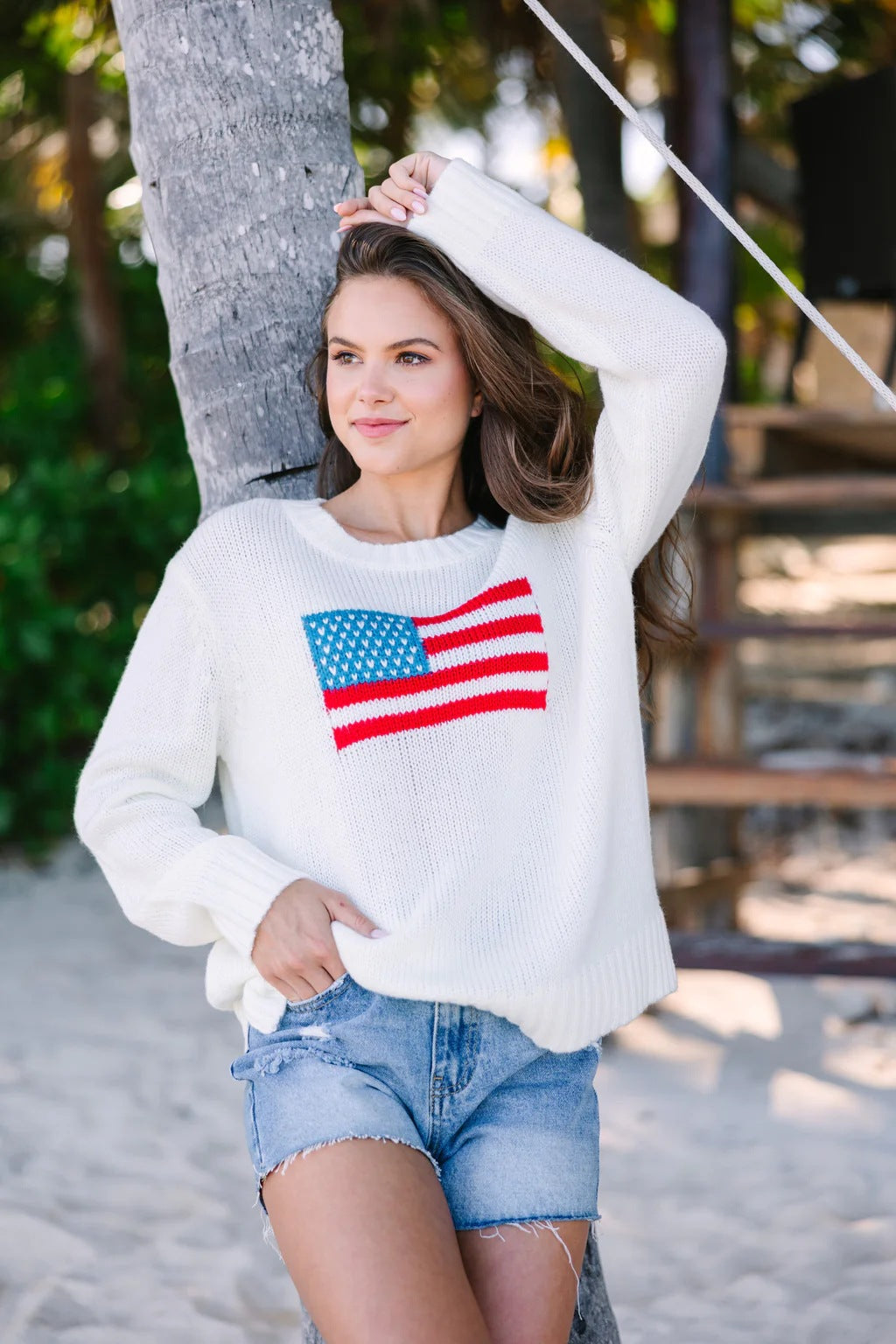 Pull tendance pour femmes avec broderie de drapeau des États-Unis en coton aérien Chic und Stil