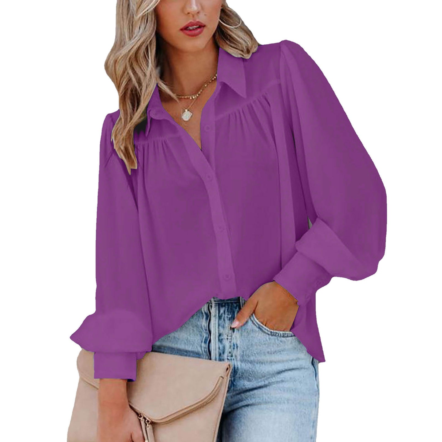 Blouse Boutonnée à Manches Bouffantes Élégante pour Femmes Chic und Stil