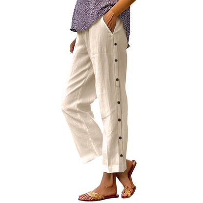 Comfortable linen pants for women with button details Chic and Style