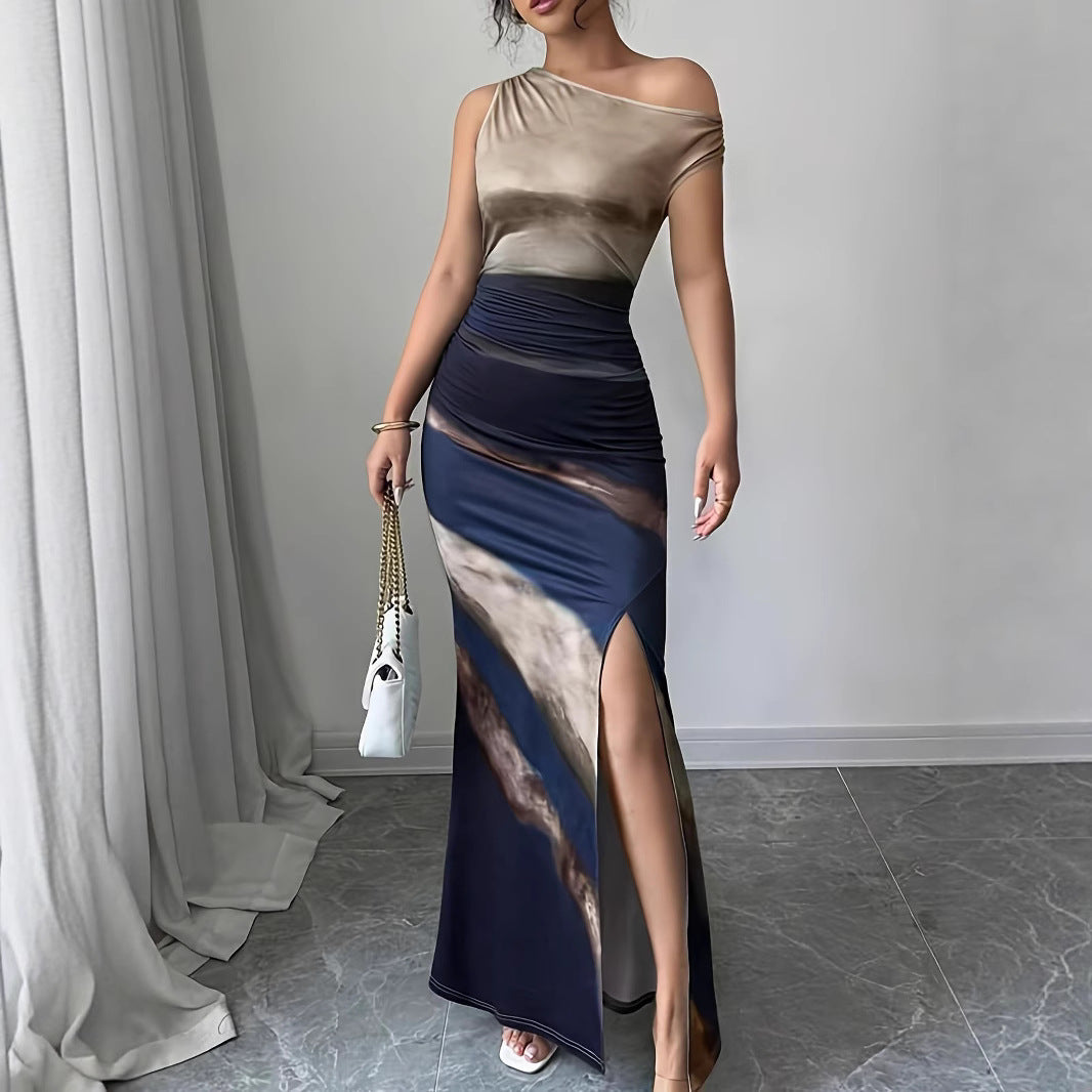 Dames Robe Maxi Élégante avec décolleté asymétrique et fente latérale Chic und Stil