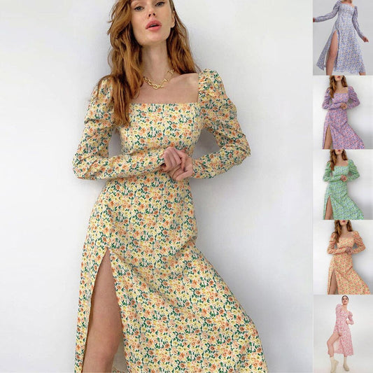 Robe maxi à fleurs pour femmes avec fente asymétrique et manches bouffantes Chic und Stil