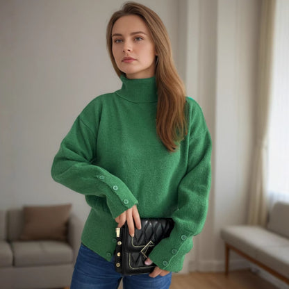 Pull col roulé tendance pour femmes avec détails de boutons et ourlet asymétrique Chic und Stil