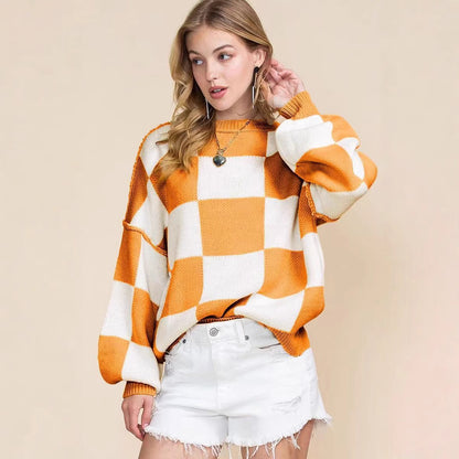 Pull oversized pour femmes à motif écossais et manches volumineuses Chic und Stil