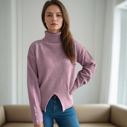 Pull col roulé tendance pour femmes avec détails de boutons et ourlet asymétrique Chic und Stil