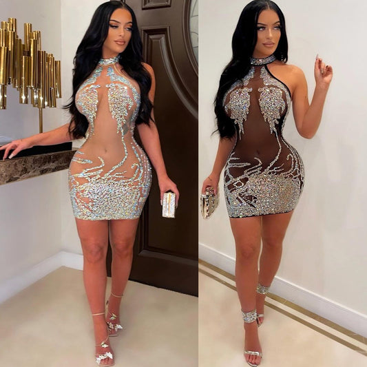 Robe mini avec un décolleté halter ornée de pierres précieuses pour femmes Chic und Stil