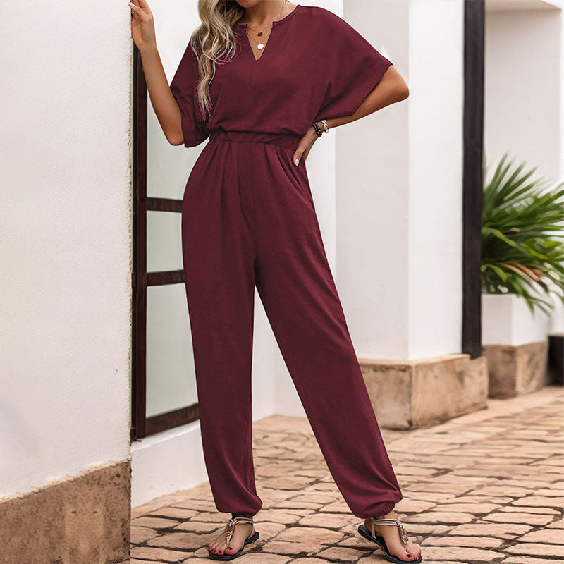 Dames Jumpsuit élégant à décolleté en V avec taille élastique et jambes larges Chic und Stil