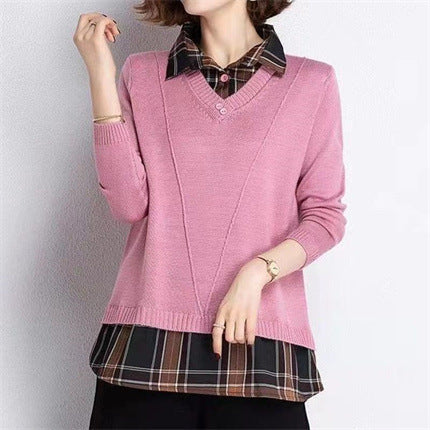 Pull-over en tricot superposé pour femmes avec décolleté en V et blouse tendance.