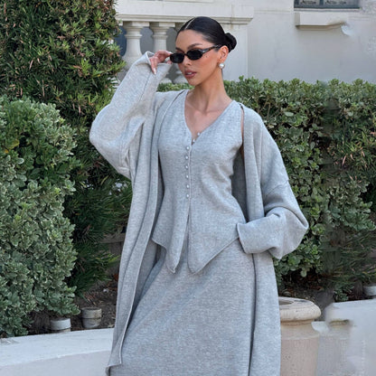 Dames Ensemble tricot élégant avec cardigan long et top sans manches Chic und Stil