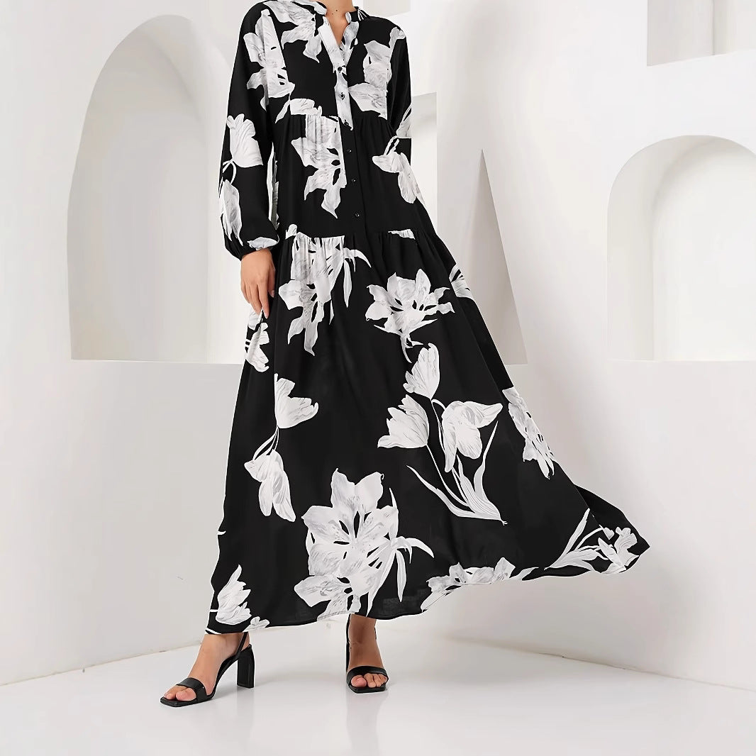 Robe maxi femme avec imprimé floral et design de bouton élégant Chic und Stil