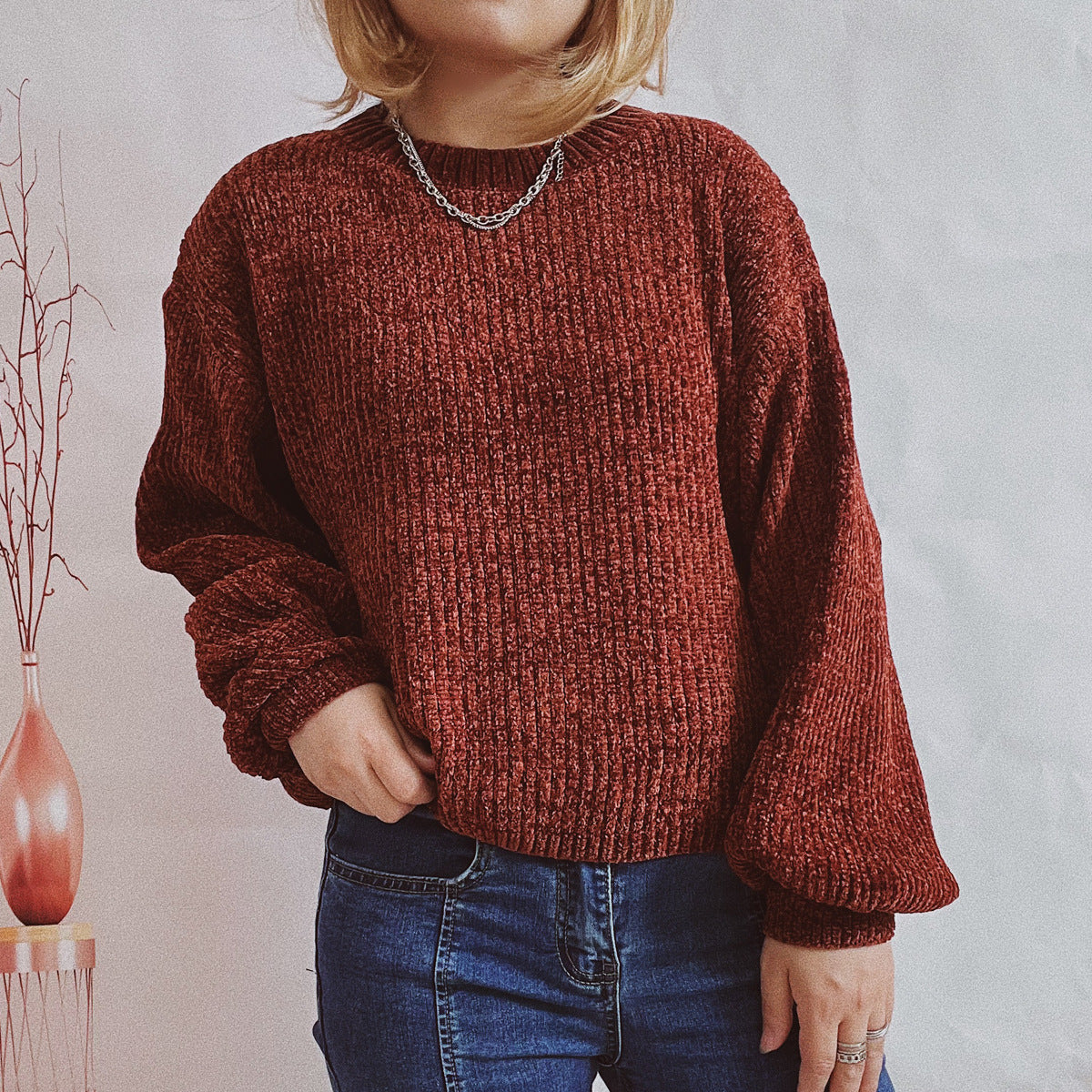 Pull femme en grosse maille avec un motif de côtes romantique et des manches larges Chic und Stil