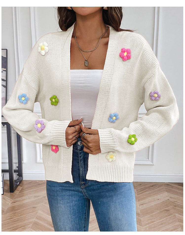 Dames cardigan en tricot décontracté avec appliqués de fleurs colorées Chic und Stil