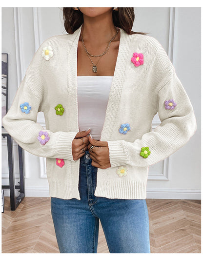 Dames cardigan en tricot décontracté avec appliqués de fleurs colorées Chic und Stil