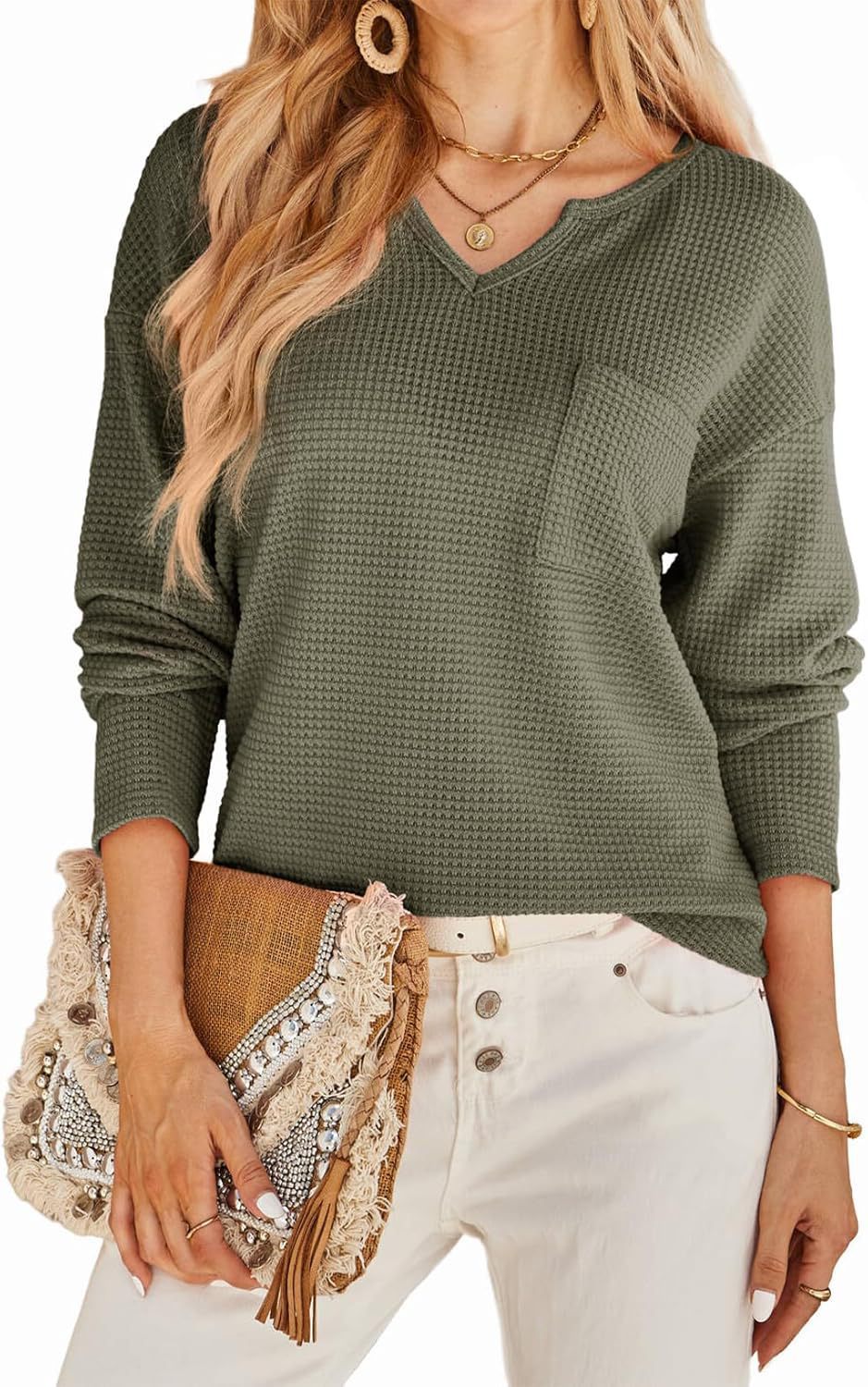 Pull femme en structure gaufrée avec décolleté en V profond et poches pratiques Chic und Stil