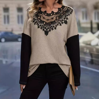 Dames Élégant haut tricoté avec col en dentelle crochetée Chic und Stil