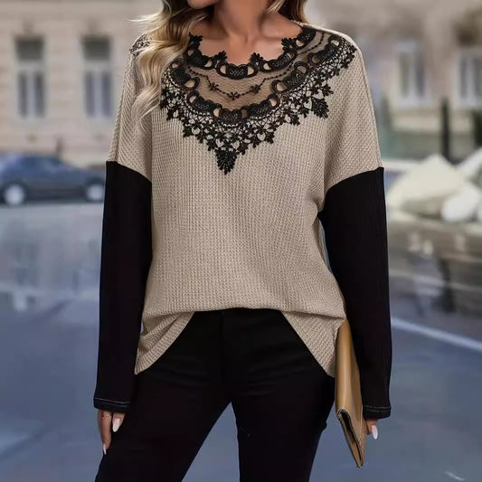 Dames Élégant haut tricoté avec col en dentelle crochetée Chic und Stil