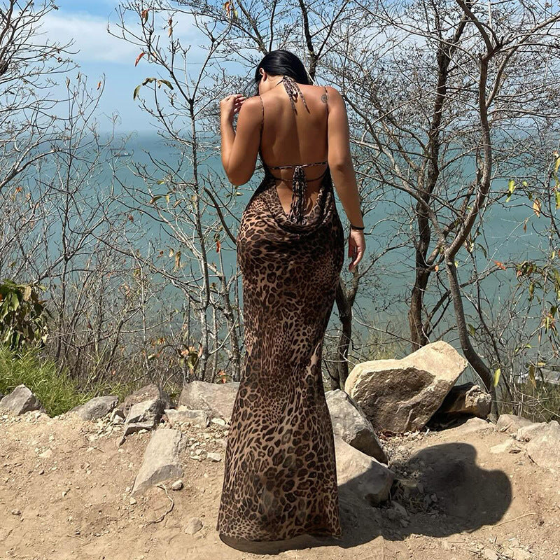 Dames Élégant Robe Maxi Imprimé Léopard Dos Nu Chic und Stil