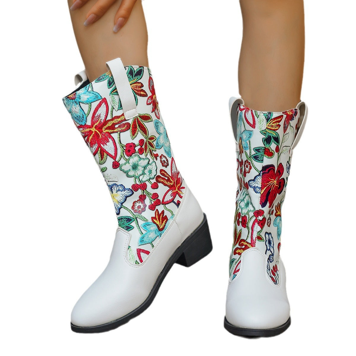 Bottes de cowboy pour femmes avec motif floral brodé et talon bloc confortable Chic und Stil