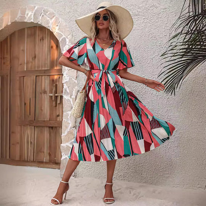 Robe midi pour femme avec motif graphique et ceinture élastique à la taille Chic und Stil