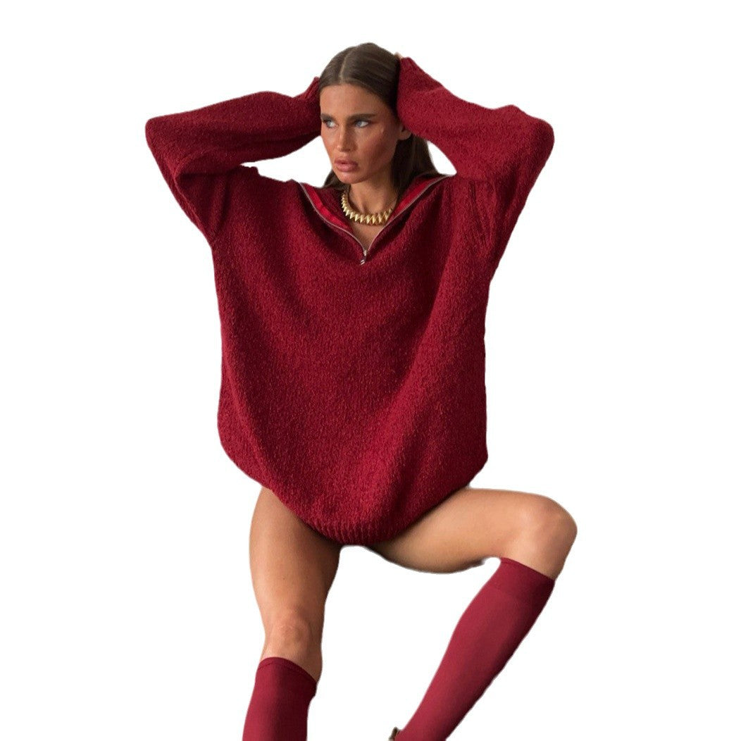Pull en fleece surdimensionné pour femmes avec col haut et fermeture éclair Chic und Stil