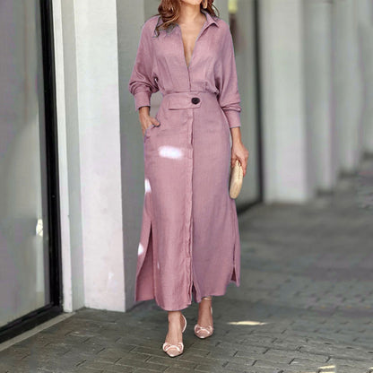 Robe maxi femme en lin léger avec élégante patte de boutonnage et fentes latérales pratiques Chic und Stil