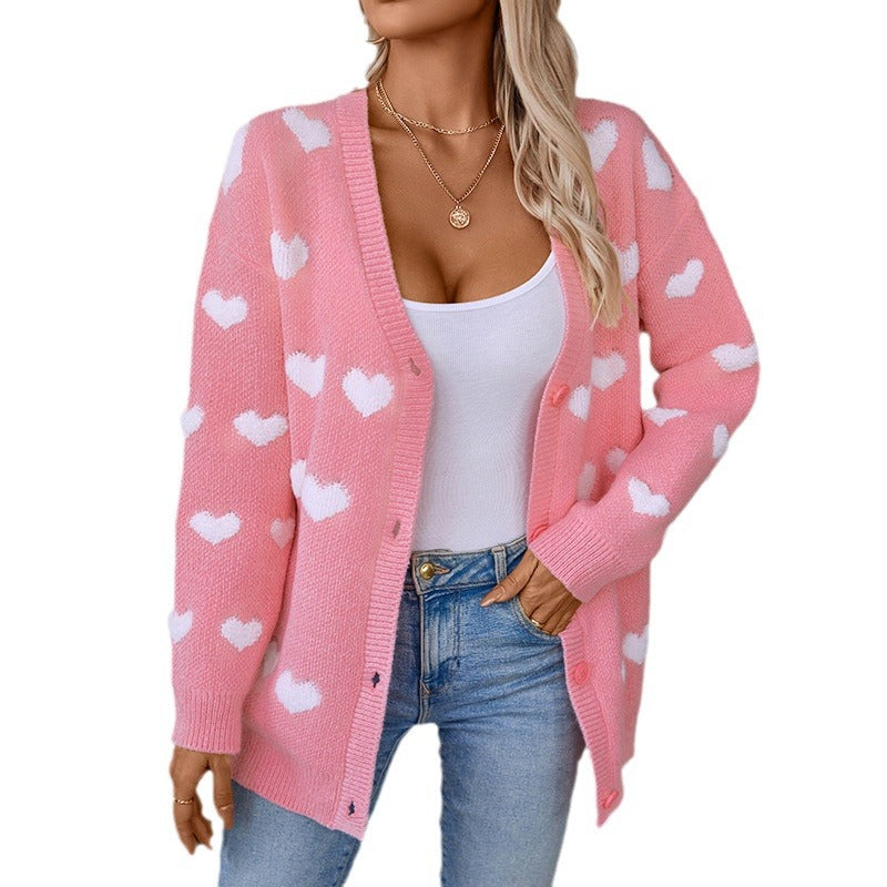 Cardigan confortable pour dames avec motif en cœur et décolleté en V Chic und Stil