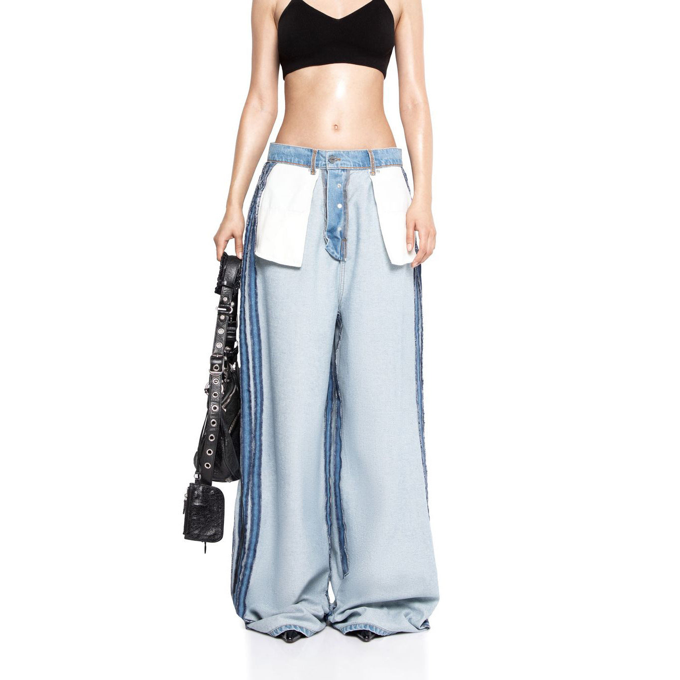 Ladies Wide Denim Pants with Contrasting Inserts Chic and Style