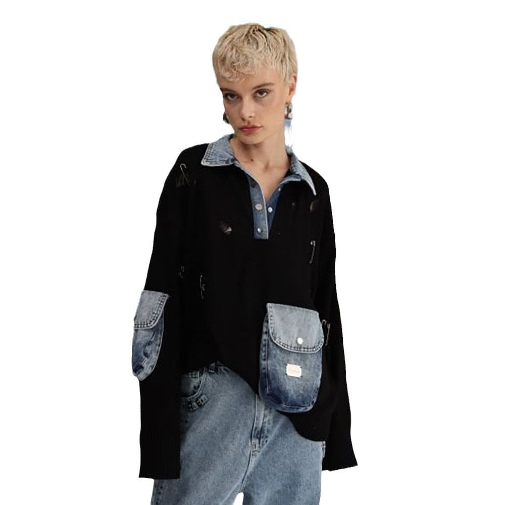 Dames Urban Oversized Pull avec Détails en Denim Chic und Stil
