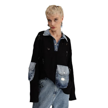 Dames Urban Oversized Pull avec Détails en Denim Chic und Stil