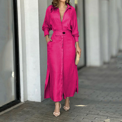 Robe maxi femme en lin léger avec élégante patte de boutonnage et fentes latérales pratiques Chic und Stil