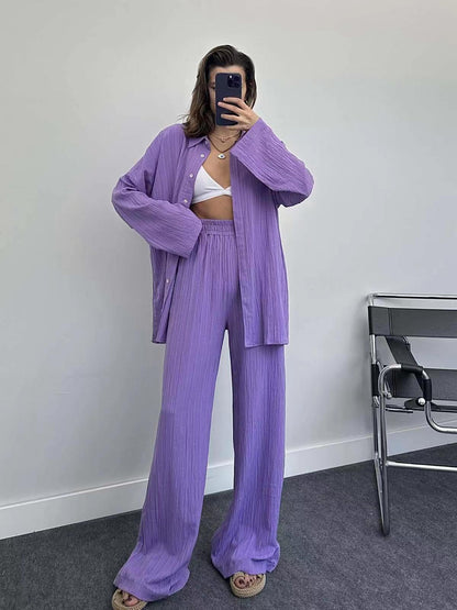 Plus size casual shirt set for women and chic wide leg pants