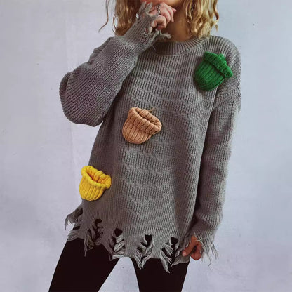 Pull over-sized décontracté pour femmes avec des détails frangés et des appliques colorées Chic und Stil