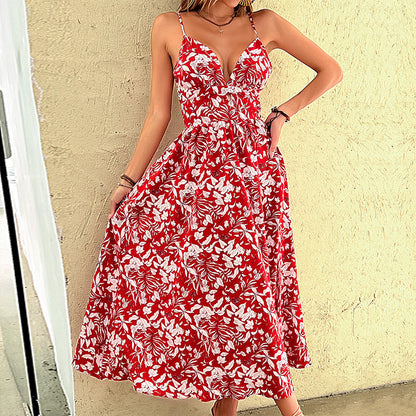 Robe maxi imprimée florale femme élégante avec fente sur le côté et bretelles spaghetti Chic und Stil
