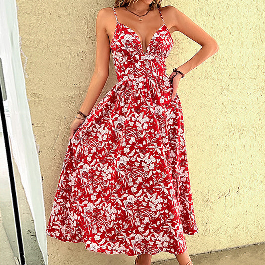 Robe maxi imprimée florale femme élégante avec fente sur le côté et bretelles spaghetti Chic und Stil