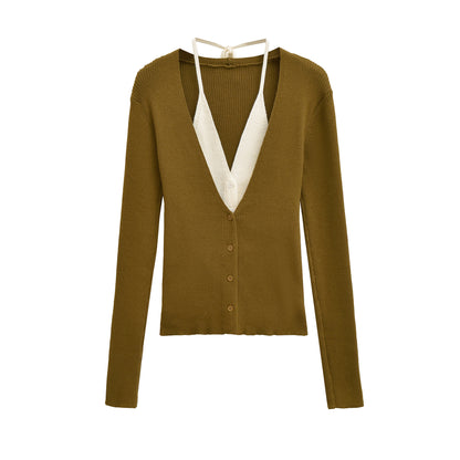 Dames élégant cardigan en tricot avec décolleté en V profond et doublure contrastante Chic und Stil