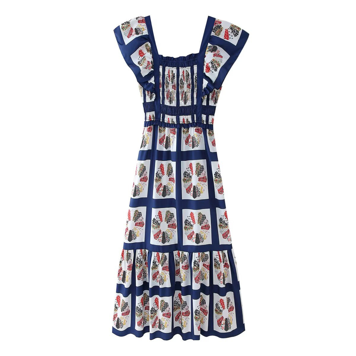 Robe maxi femme avec des détails de volants raffinés et un design imprimé coloré Chic und Stil