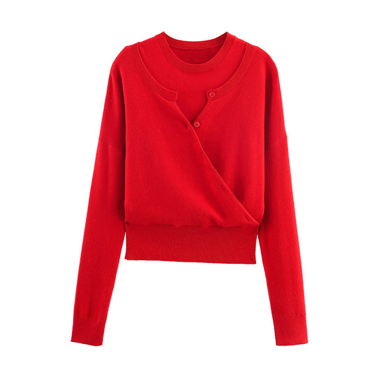 Pull en tricot court pour femmes avec détail de bouton et décolleté en V Chic und Stil