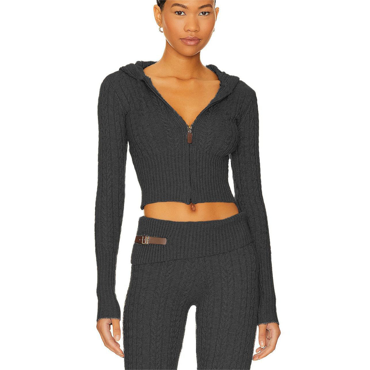 Dames gilet court en tricot avec capuche et col montant Chic und Stil