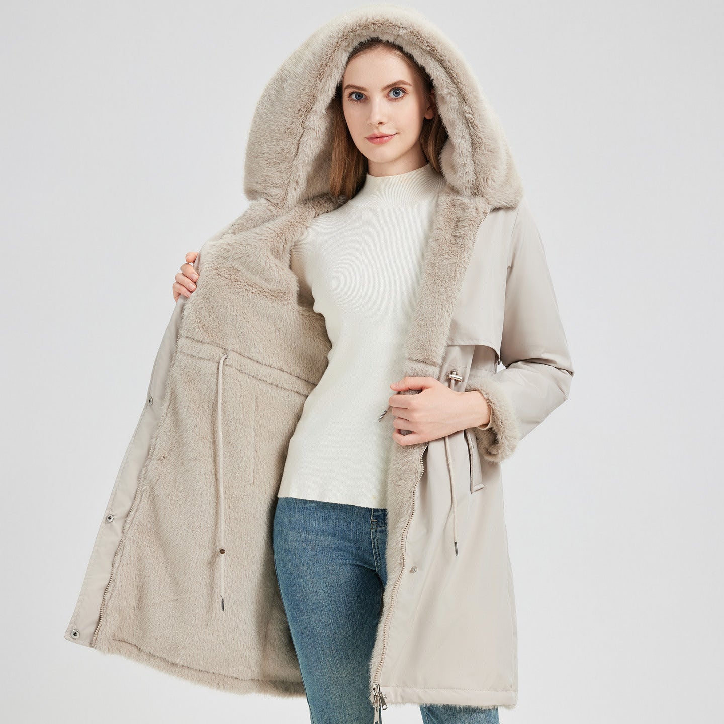 Dames élégant et chaud parka avec col en fausse fourrure amovible et détails de lacets pratiques Chic und Stil