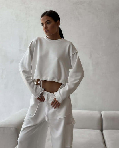 Femme pull court décontracté avec cordon de serrage et coupe ample Chic und Stil