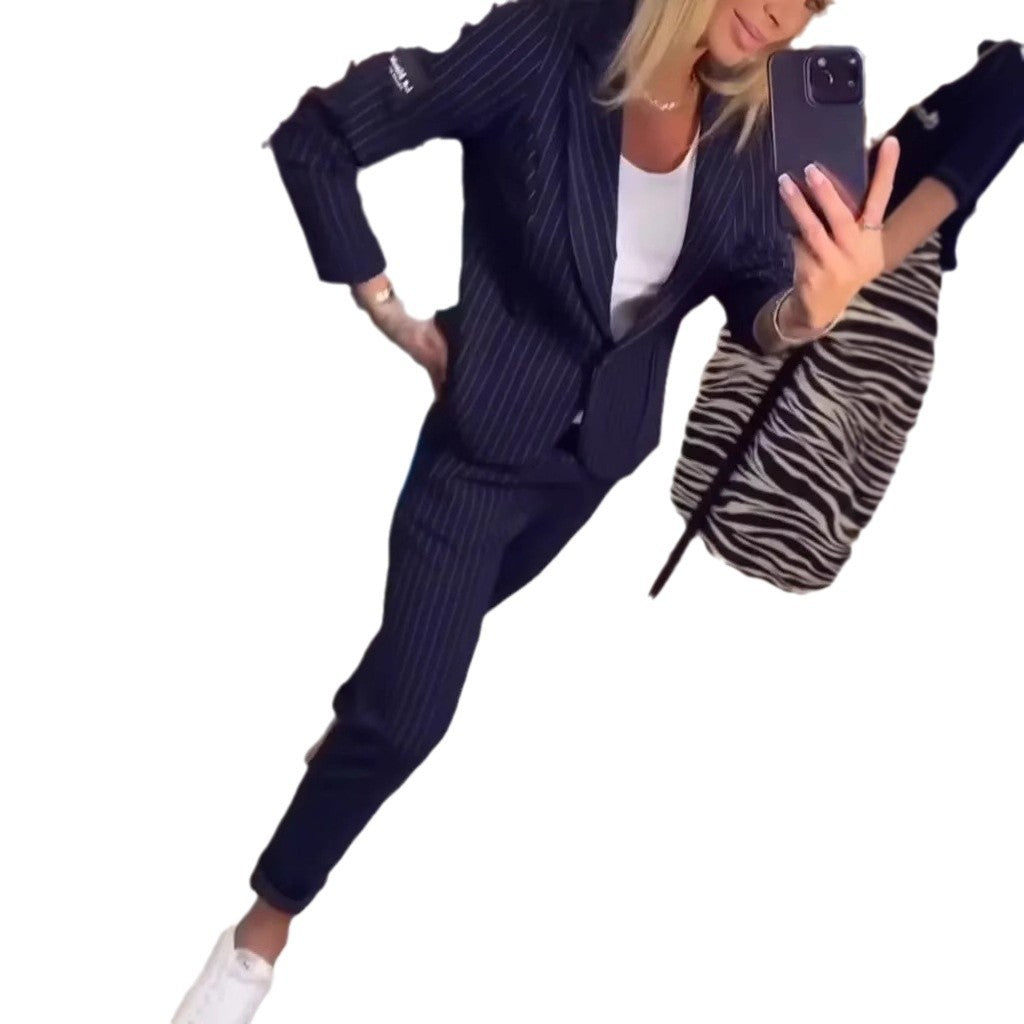 Women Elegant Blazer Set with Striped Pattern and Fitted Pants Chic and Style