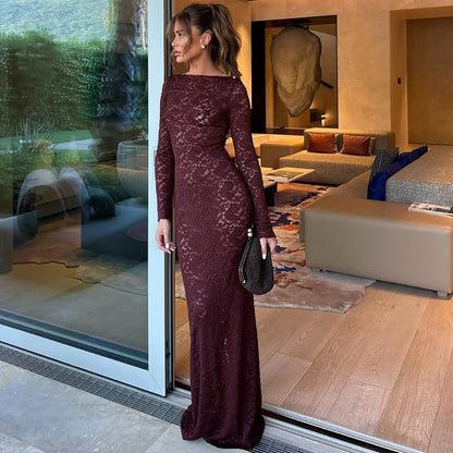 Robe maxi élégante en dentelle pour femmes avec manches longues Chic und Stil