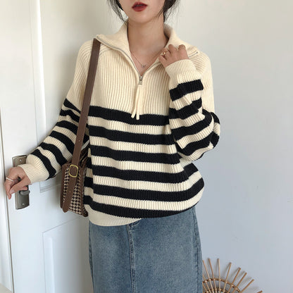 Pull femme à rayures avec zip mi-long et coupe décontractée Chic und Stil