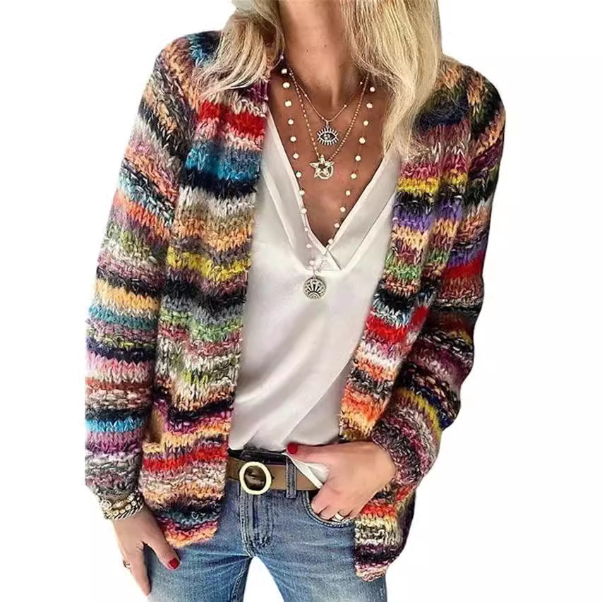 Dames Cardigan ouvert tricoté avec des rayures colorées et une coupe décontractée Chic und Stil