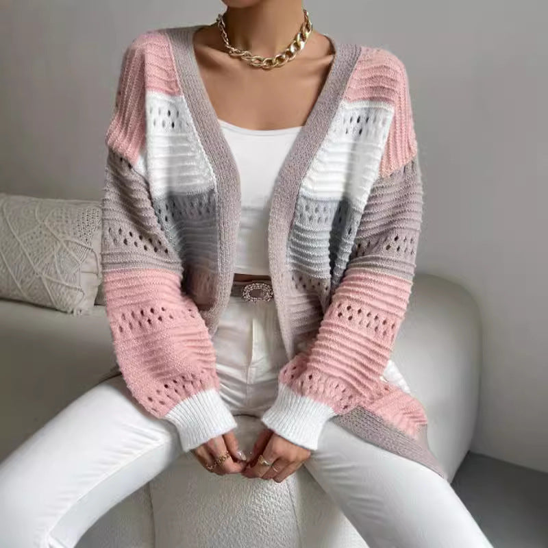 Dames Cardigan en tricot décontracté avec des motifs aérés modernes et des rayures colorées à blocs Chic und Stil