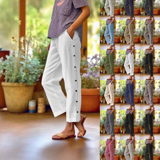 Comfortable linen pants for women with button details Chic and Style