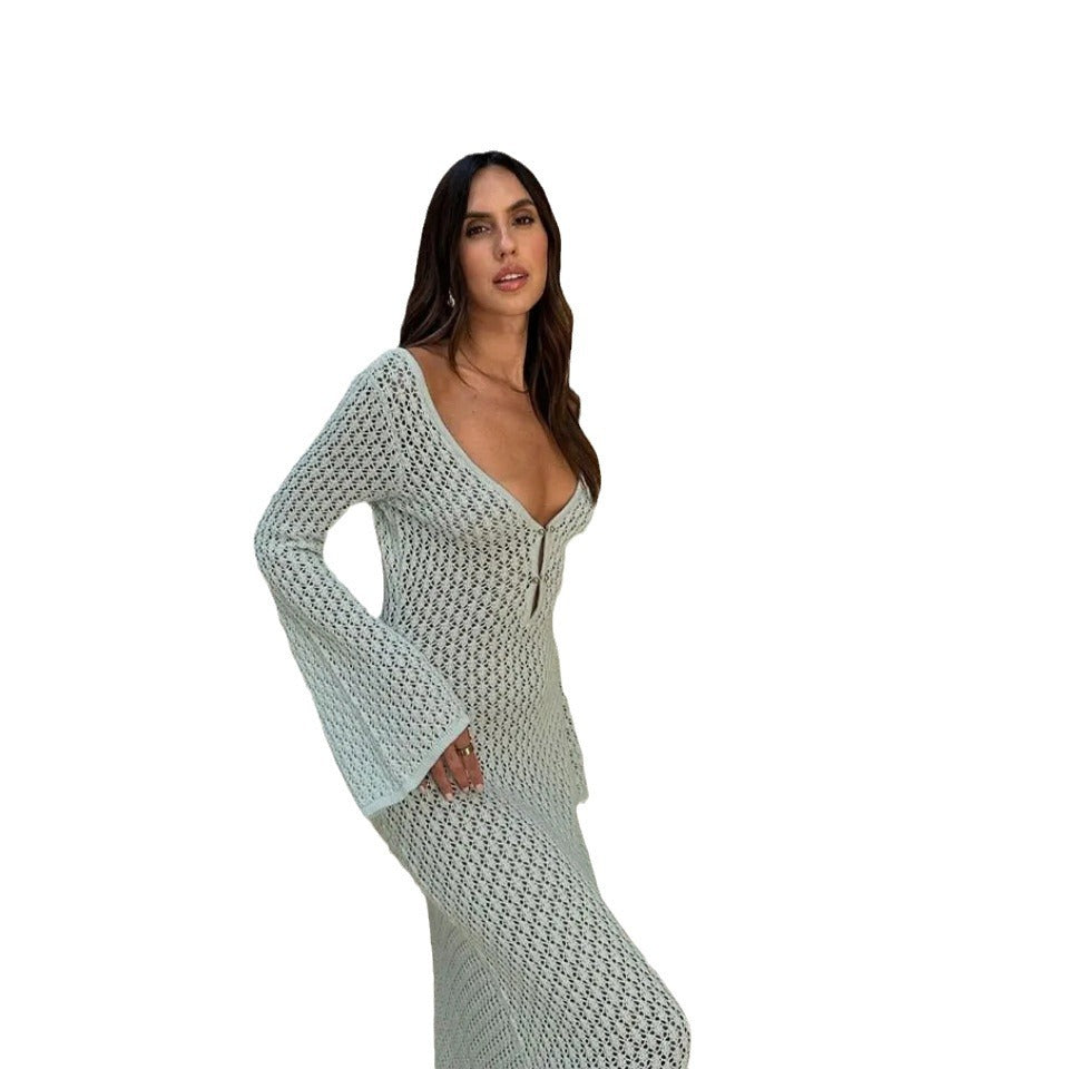 Robe maxi en tricot pour femmes avec décolleté en V profond et porte-clés décoratif Chic und Stil